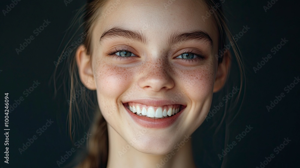 A close-up portrait of a young woman with light brown hair pulled back in a ponytail, smiling brightly. Her skin is fair and glowing, and her teeth are white and bright, generative ai A close-up portrait of a young woman with light brown hair pulled back in a ponytail, smiling brightly. Her skin is fair and glowing, and her teeth are white and bright, generative ai