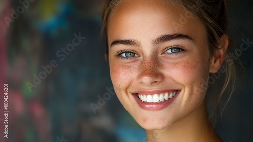 A close-up portrait of a young woman with light brown hair pulled back in a ponytail, smiling brightly. Her skin is fair and glowing, and her teeth are white and bright, generative ai