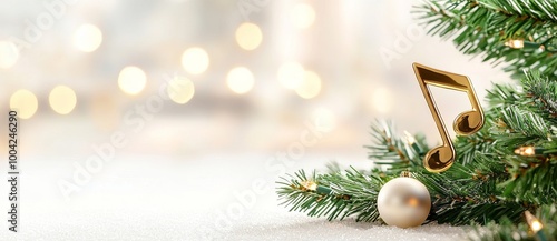 A Christmas tree decorated with notes and melody songs with a banner background. Caroling and Carolers singing a carol song on the festive day of Christmas during the winter. Church, choir, and