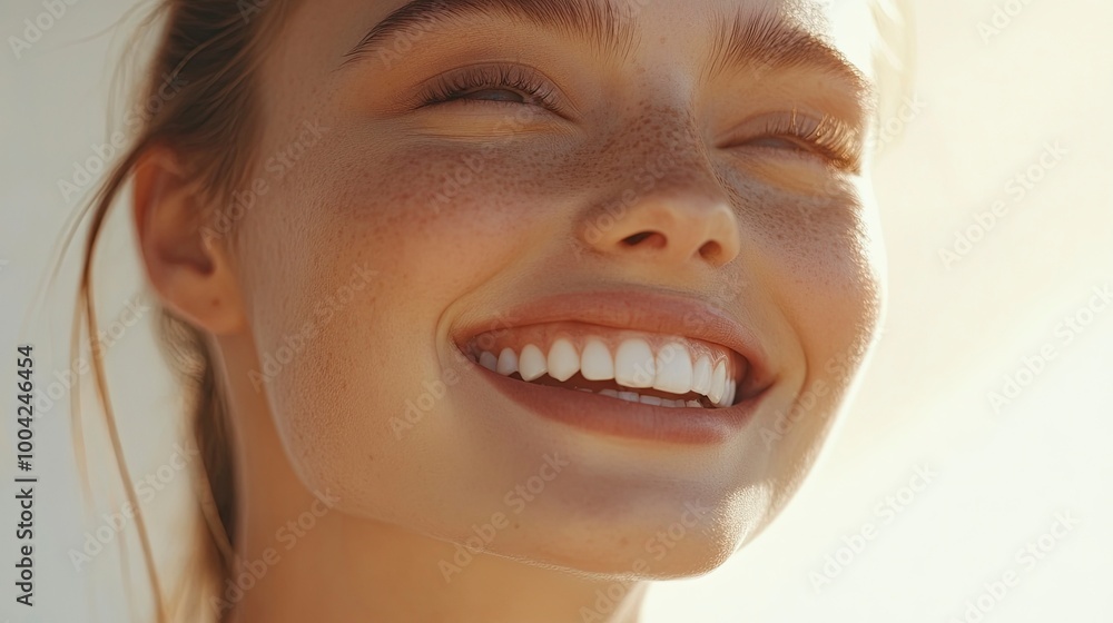 A close-up portrait of a young woman with light brown hair pulled back in a ponytail, smiling brightly. Her skin is fair and glowing, and her teeth are white and bright, generative ai A close-up portrait of a young woman with light brown hair pulled back in a ponytail, smiling brightly. Her skin is fair and glowing, and her teeth are white and bright, generative ai