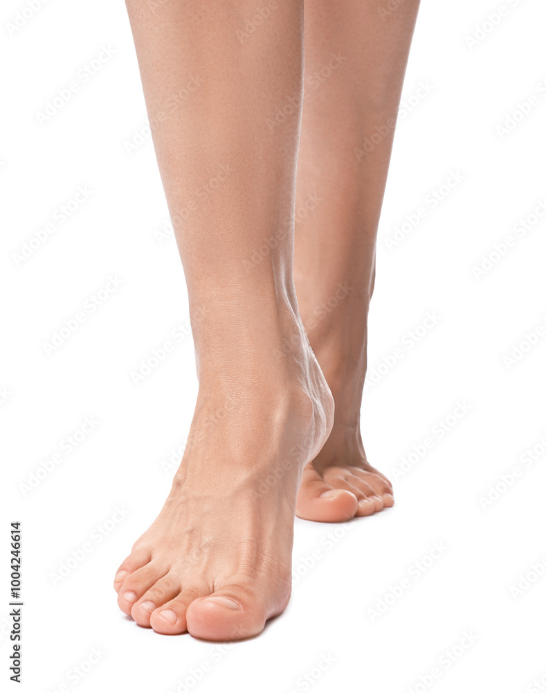 Barefoot woman on white background, closeup view Barefoot woman on white background, closeup view