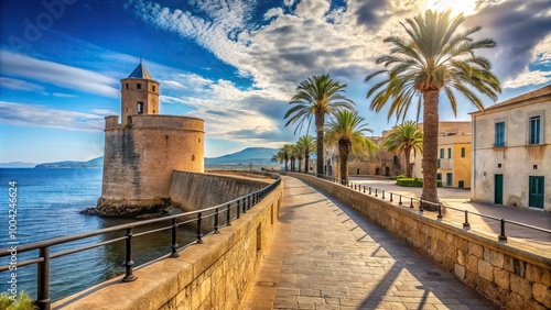 Panoramic pedestrian area on the ramparts near Sulis Tower in Alghero, Sardinia