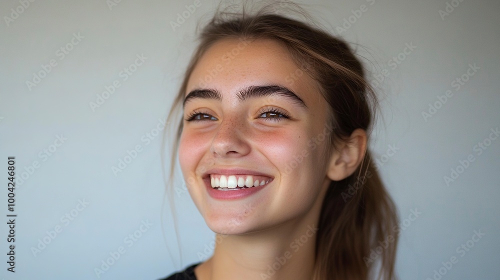 A close-up portrait of a young woman with light brown hair pulled back in a ponytail, smiling brightly. Her skin is fair and glowing, and her teeth are white and bright, generative ai A close-up portrait of a young woman with light brown hair pulled back in a ponytail, smiling brightly. Her skin is fair and glowing, and her teeth are white and bright, generative ai