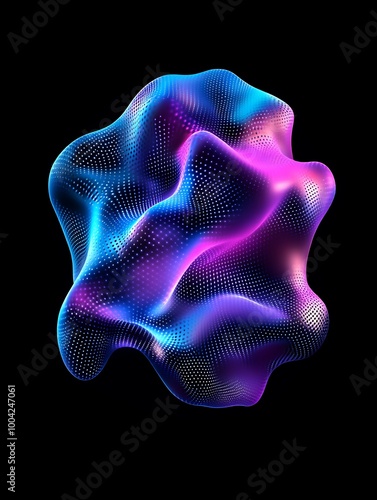 A vibrant, abstract design featuring flowing shapes in hues of blue, pink, and purple against a black background. A minimalist poster in metallic and chrome gradient style.