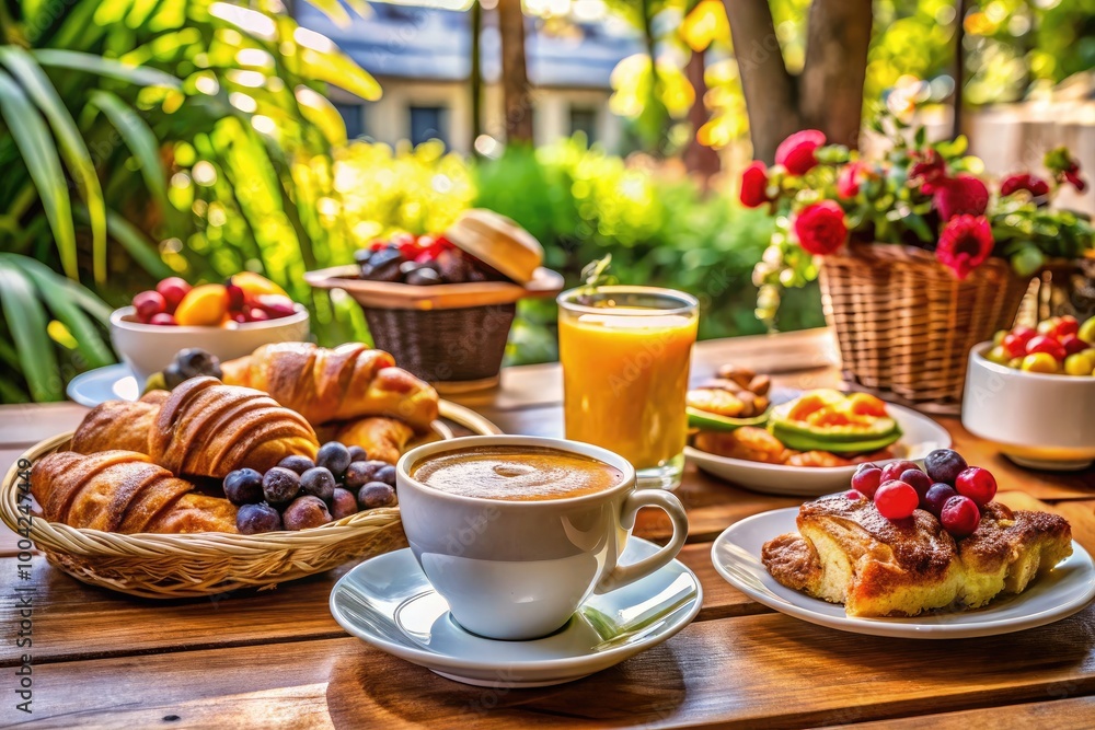 Closeup of Delicious Breakfast with Coffee and Pastries at a Cozy Cafe Table Setting Closeup of Delicious Breakfast with Coffee and Pastries at a Cozy Cafe Table Setting