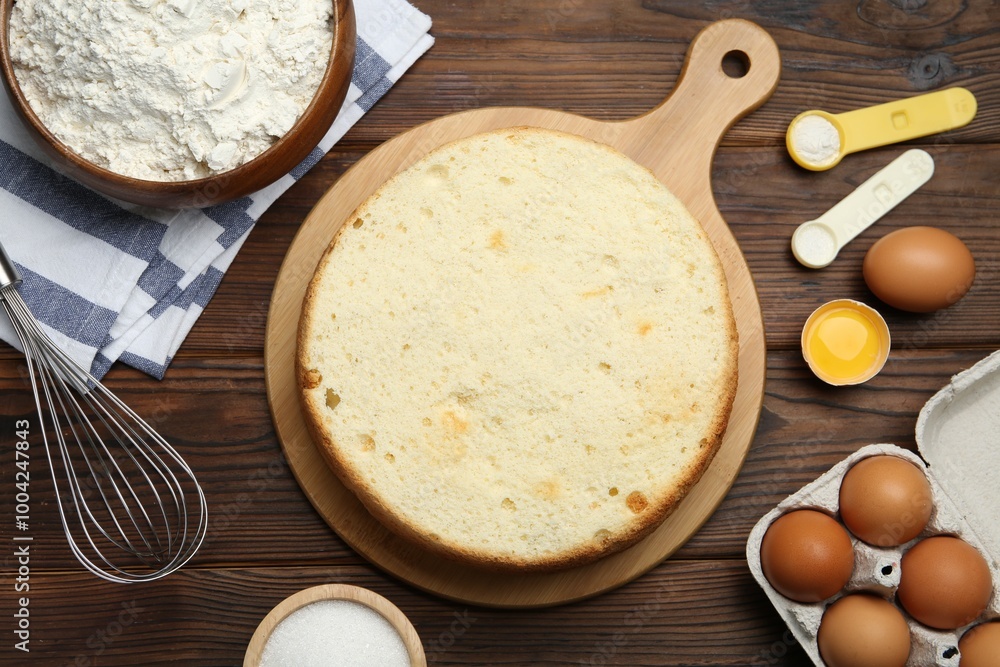 Delicious cut sponge cake, whisk and ingredients on wooden table, flat lay Delicious cut sponge cake, whisk and ingredients on wooden table, flat lay