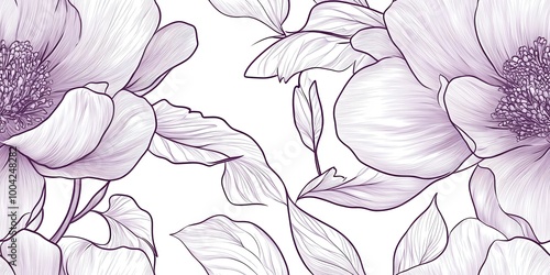 Delicate line art of floral designs featuring large blossoms and leaves in soft purple tones.