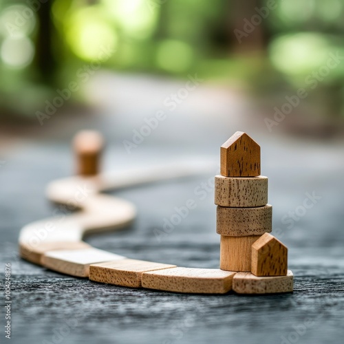 A wooden block arrangement resembling houses and pathways, set in a natural outdoor environment, This image is ideal for concepts related to construction, planning, real estate photo