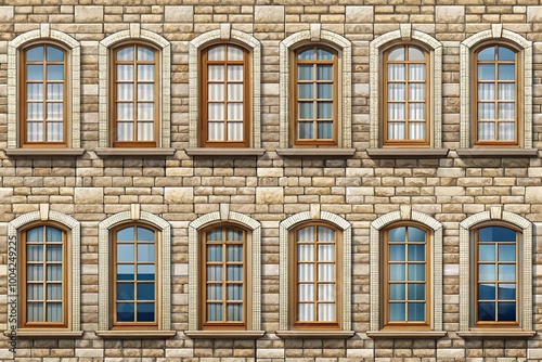 Panoramic seamless pattern of windows with stone frame