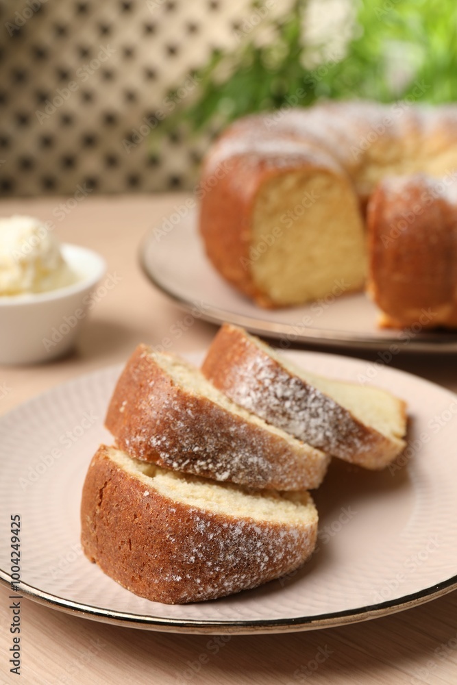 Pieces of freshly baked sponge cake on table, closeup Pieces of freshly baked sponge cake on table, closeup