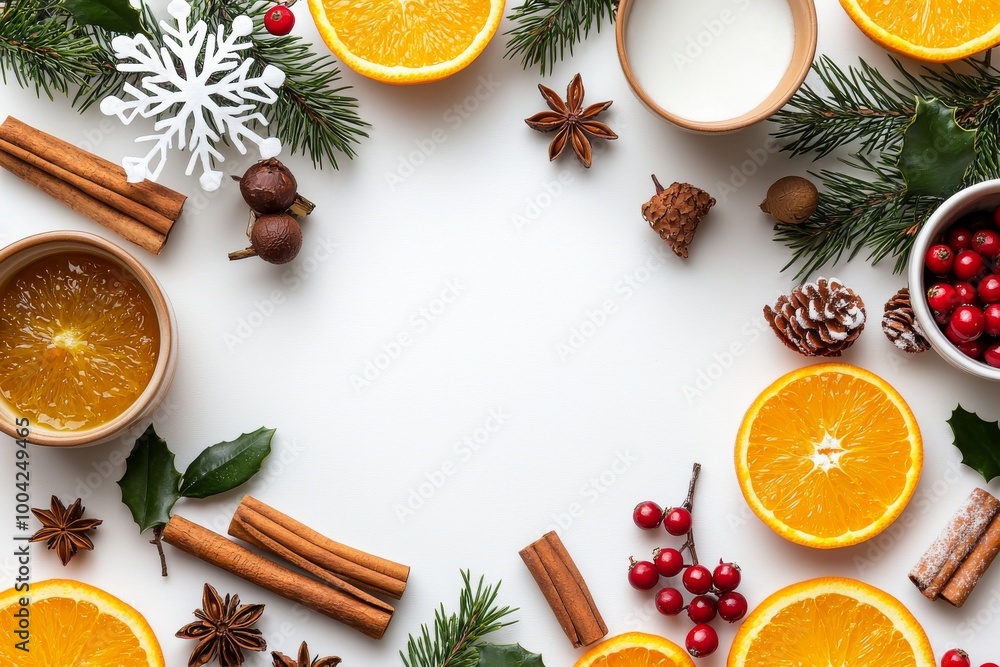 An isolated white background with blank space in the middle shows fir branches covered in frost, mistletoe berries, cinnamon sticks, dried orange slices, and snowflakes. An isolated white background with blank space in the middle shows fir branches covered in frost, mistletoe berries, cinnamon sticks, dried orange slices, and snowflakes.