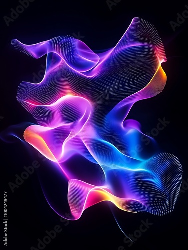 A vibrant, abstract wave of colorful light swirling against a dark backdrop, creating a dynamic visual effect. A minimalist poster in metallic and chrome gradient style.