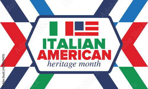 Italian American Heritage Month. Happy holiday celebrate annual in October. Italy and United States flag. Culture month. Patriotic design. Poster, card, banner, template. Vector illustration