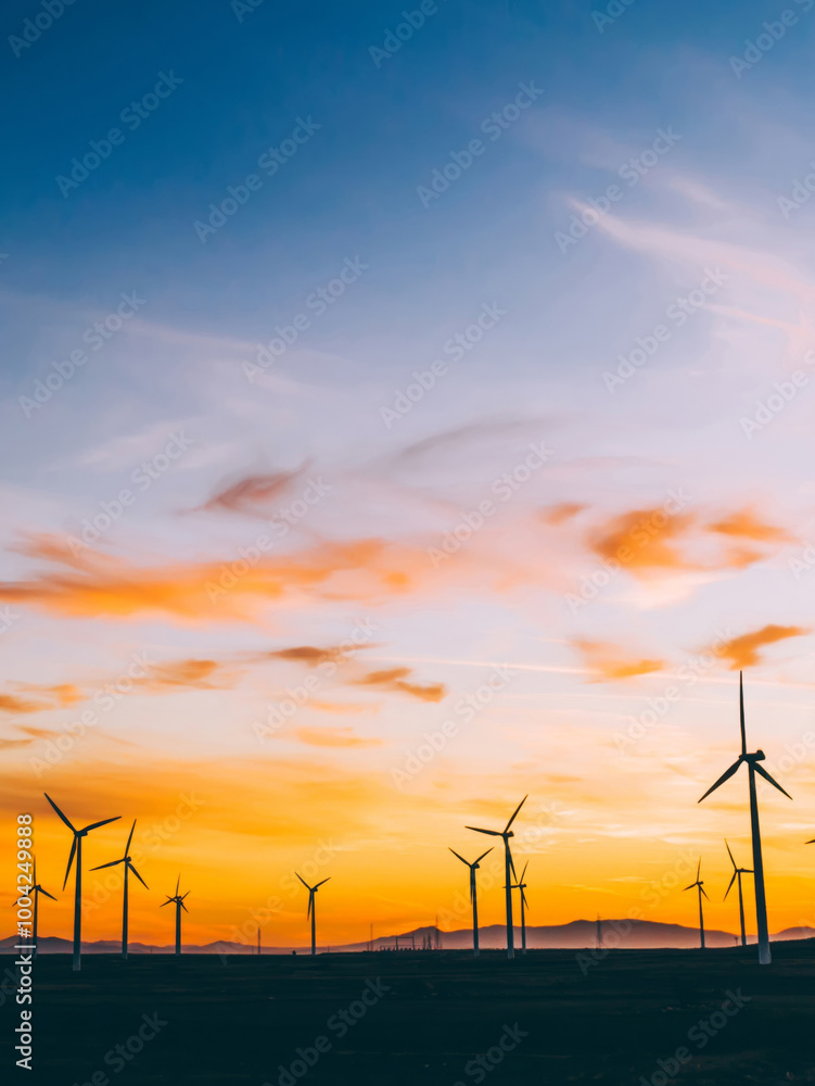 Obraz premium Silhouette of windmills station with propellers generating alternative clean green power from eco resources in rural agri environment against blue sunset sky. Farm of turbines producing electricity