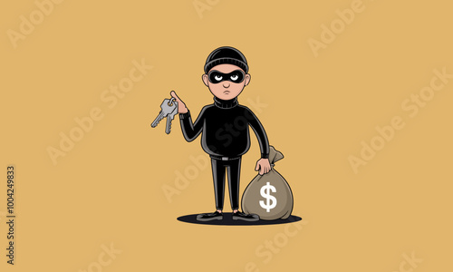 Sneaky burglar holding keys and loot.