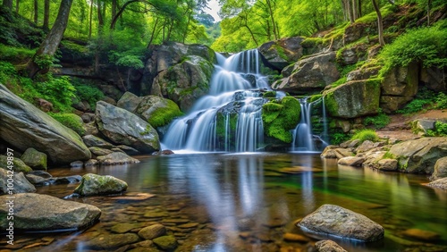 panoramic small waterfall cascading over rocks in Shenandoah Valley