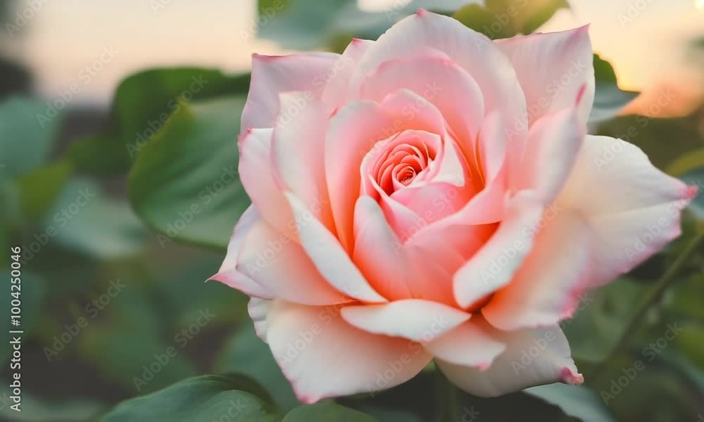Soft pink peony flower blooming in a garden with lush green leaves and natural background