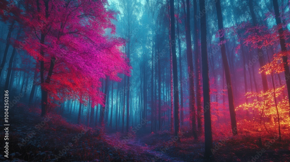 Fototapeta premium In a magical forest, neon-hued trees glow in vivid shades of pink and blue, creating a dreamlike atmosphere as twilight descends, inviting exploration
