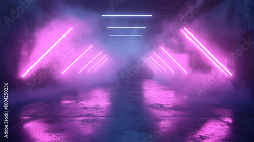 3D Neon Lights Futuristic Corridor Illustration