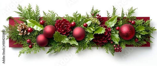 On transparent background, beautiful Christmas wreath with stars and colorful orbs (RGBA 3D Rendering) photo