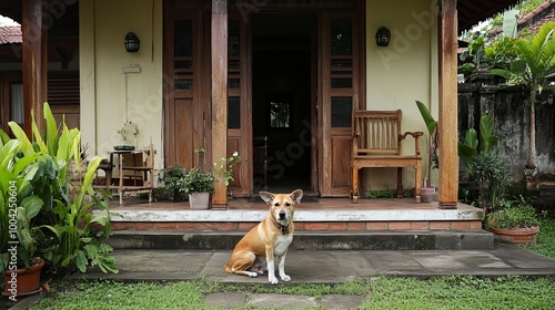 Anjing penjaga besar duduk di depan rumah. Dekat gambar anjing penjaga duduk di depan rumah dan latar belakang taman. Watchdog konsep. generative ai photo