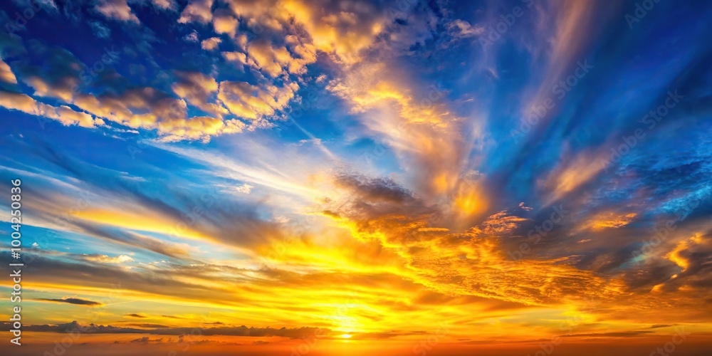 Fototapeta premium Panoramic sunrise sky background with colorful yellow and orange hues over blue and white clouds