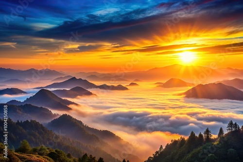 Panoramic sunset over mountains with misty gradient effects