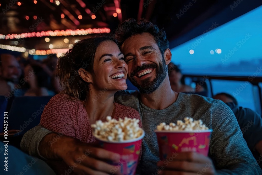 A couple with big smiles sits in a movie theater, holding popcorn and radiating happiness as they enjoy a film, amidst a lively audience setting. A couple with big smiles sits in a movie theater, holding popcorn and radiating happiness as they enjoy a film, amidst a lively audience setting.