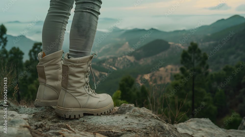 Hiker's boots overlooking mountain landscape. Adventure footwear closeup Hiker's boots overlooking mountain landscape. Adventure footwear closeup