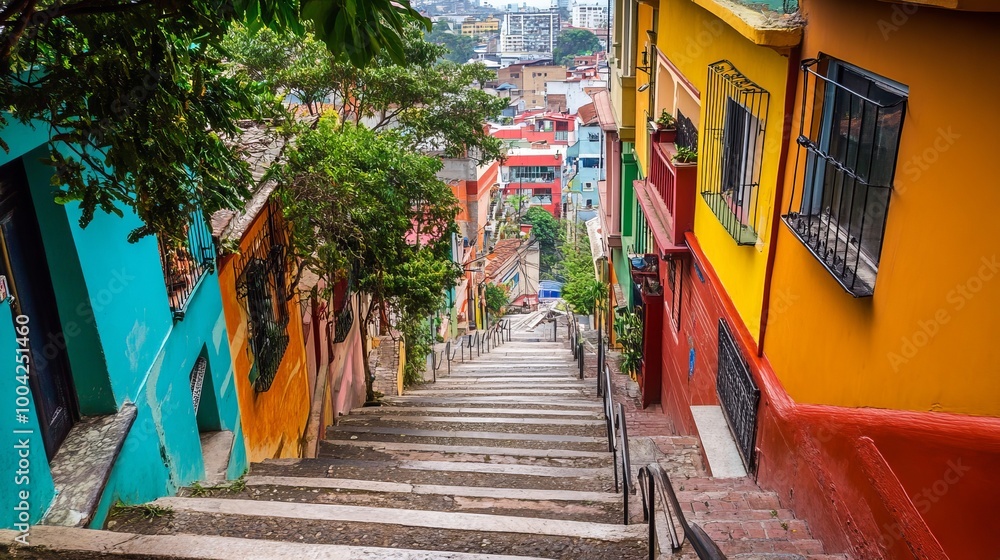 Fototapeta premium Stairs climbing Santa Ana Hill (cerro de santa ana) historic district in Guayaquil, Ecuador