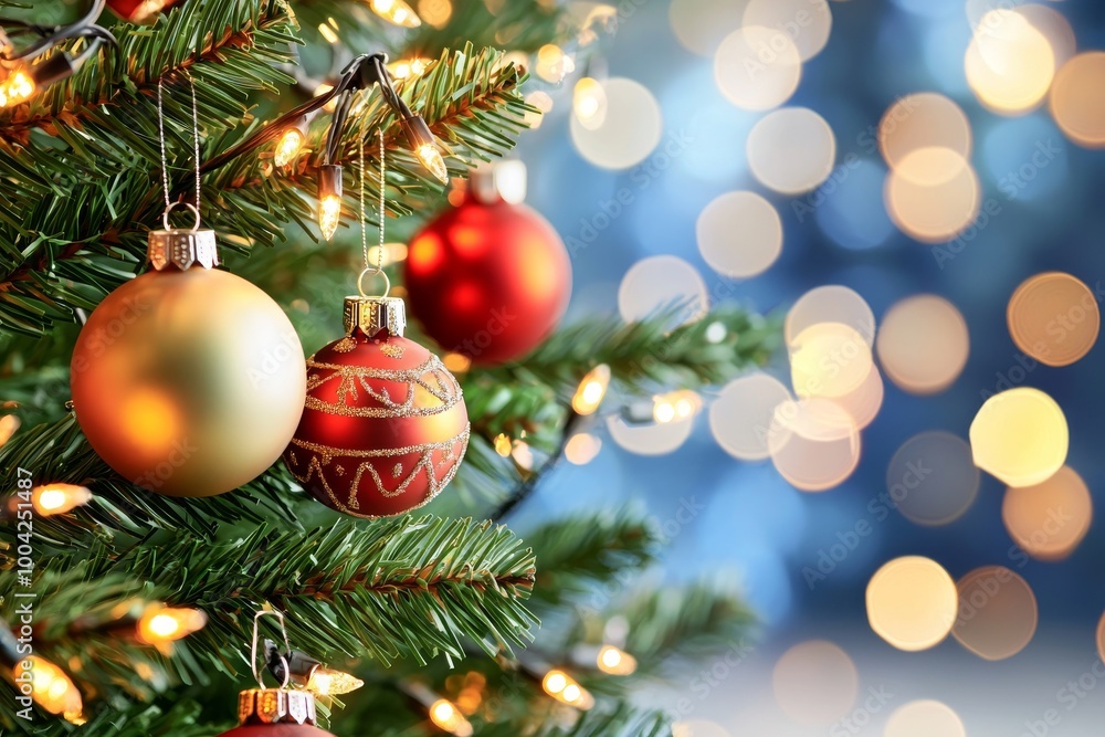 Red gold ornaments and baubles on a blurred bokeh light background. Red gold ornaments and baubles on a blurred bokeh light background.