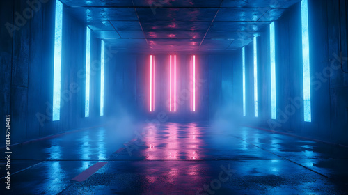 Neon Lights Reflecting on Wet Floor 3D Illustration