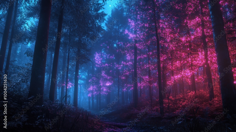 Fototapeta premium The forest is alive with glowing neon trees that radiate vibrant colors, creating a magical ambiance as twilight descends, inviting exploration and wonder