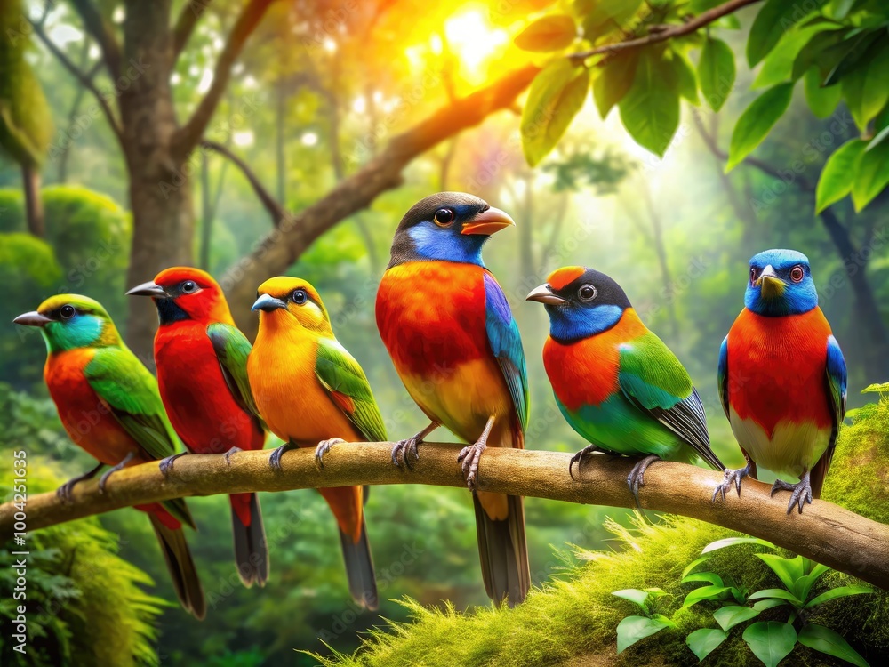 Colorful Birds Perched on Branches in a Lush Green Forest During Bright Sunny Daylight Colorful Birds Perched on Branches in a Lush Green Forest During Bright Sunny Daylight