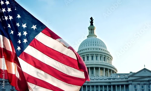 American flag waving in front of the U.S. Capitol building, symbolizing national pride and patriotism