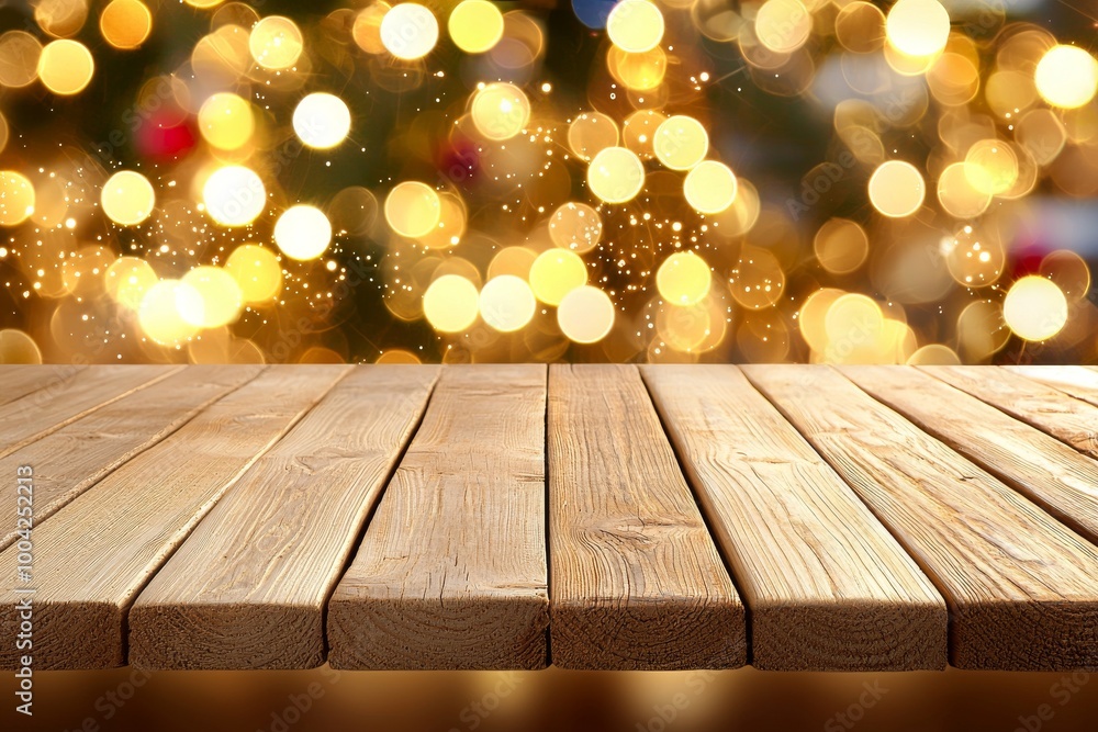 The blank top of a wooden table is surrounded by abstract living room decor, a blurry background with snow and a string light background with christmas tree strings The blank top of a wooden table is surrounded by abstract living room decor, a blurry background with snow and a string light background with christmas tree strings