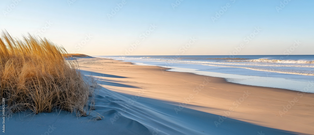 A serene beach scene with golden sand, gentle waves, and coastal grass under a clear blue sky. A serene beach scene with golden sand, gentle waves, and coastal grass under a clear blue sky.