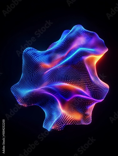 Abstract 3D illustration with vibrant colors creating dynamic flowing shapes on a dark background. A minimalist poster in metallic and chrome gradient style.