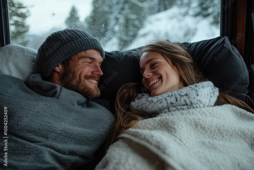 A smiling couple, warmly dressed and wrapped in blankets, enjoying each other's company in a snowy landscape. This image evokes a sense of happiness and warmth amidst winter. A smiling couple, warmly dressed and wrapped in blankets, enjoying each other's company in a snowy landscape. This image evokes a sense of happiness and warmth amidst winter.