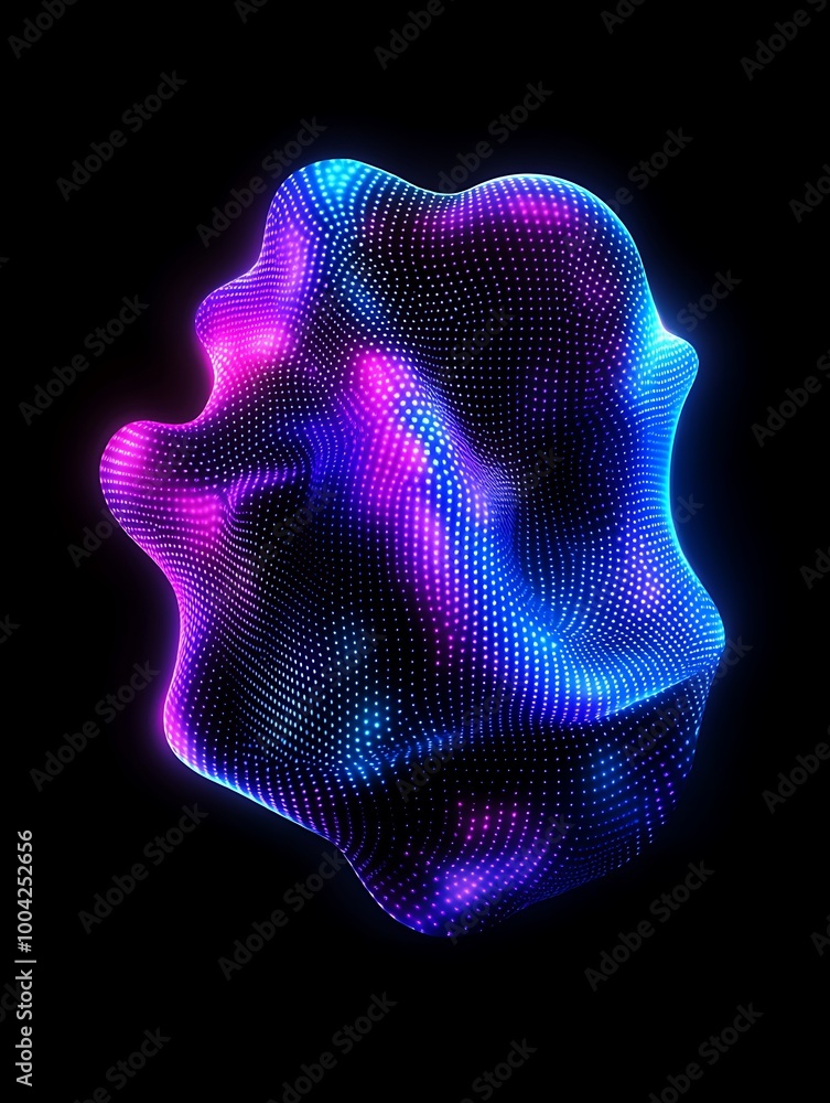 Abstract 3D shape featuring vibrant blue and pink colors with a unique textured surface, isolated on a black background. A minimalist poster in metallic and chrome gradient style. Abstract 3D shape featuring vibrant blue and pink colors with a unique textured surface, isolated on a black background. A minimalist poster in metallic and chrome gradient style.