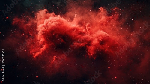 A dramatic cloud of red particles suspended in space, forming a dense abstract shape. Strong impact and color.