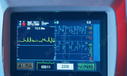 Close-up of a hospital heart monitor screen displaying vital signs and medical data in real-time photo