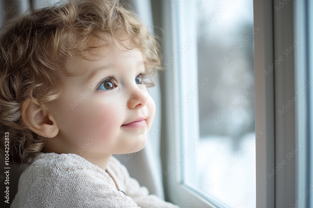 A cute, curly-haired toddler, warmly smiling while gazing out of a bright window, embodying innocence and curiosity. A cute, curly-haired toddler, warmly smiling while gazing out of a bright window, embodying innocence and curiosity.