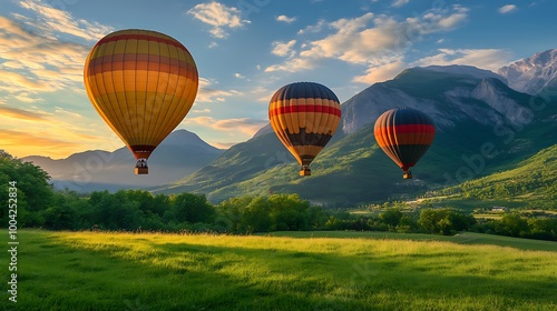 Three hot air balloons flying over a green field with mountains in the background at sunrise.