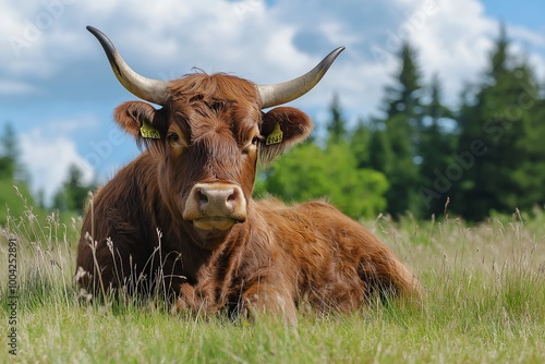 A highland cow relaxes in a lush, green meadow under a bright sky, showcasing the serene beauty of nature.