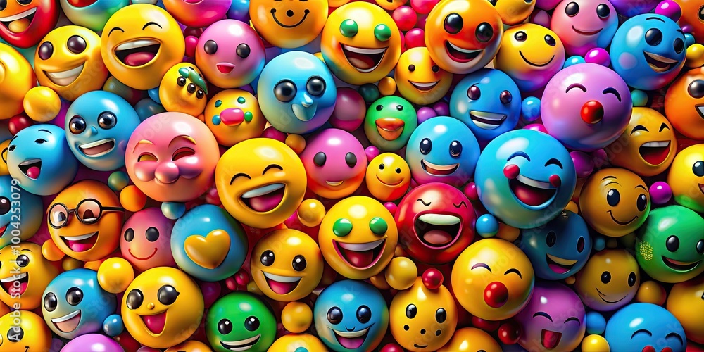 Colorful digital emoji faces representing various emotions and expressions on a vibrant background