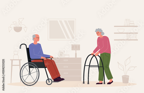An elderly man on a wheelchair and a gray-haired woman with a walker in a room in a nursing home.