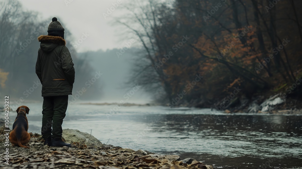 Person and dog by misty river. Autumn nature exploration Person and dog by misty river. Autumn nature exploration