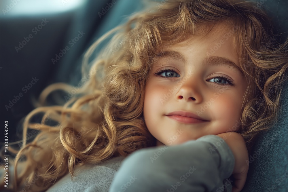 A joyful child with curly hair rests comfortably, exuding warmth and innocence in a serene indoor setting. A joyful child with curly hair rests comfortably, exuding warmth and innocence in a serene indoor setting.