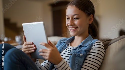 Happy teen girl holding pad computer gadget using digital tablet technology sitting on the couch at home. Smiling young woman using apps, shopping online, reading news, browsing internet on sofa